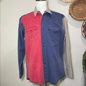 Vintage Wrangler Brush popper Snap Up Long sleeve Red Blue Tan Size 16 1/2 Large